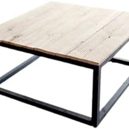 Mahi Wood Mart Modern Industrial Square Coffee Table - Natural Wood Plank Top with Black Metal Frame Living Room Accent Table.-24