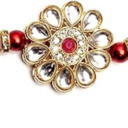 NEMI ENTERPRISES Handmade Designer Kundan Red Flower White Pearl Daimond Ring Rakhi For Brother || Sister || Family || Bhaiya Bhabhi Rakhi For Raksha Bandhan With Roli Chawal(NE 302)-image-5