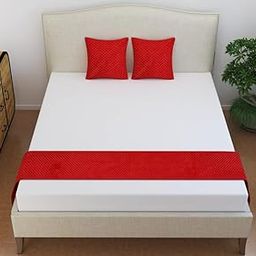 Bed Runner Pack of 3 Including 1 Bed Runner with 2 Cushion Covers Velvet Checkered Pattern Bed Runner (18 x 84 Inches), Red-image-24