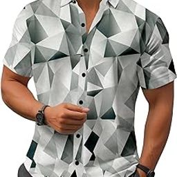 Men's Geometric Print Short Sleeve Shirt, Grey and White Pattern, Casual Style-6