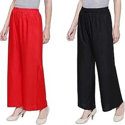 Palazzo for Women | Loose Fit Ethnic Palazo Combo Set | Stylish Latest Bottom Wear Casual Plazo for Girls | Regular Fit Traditional Plain/Solid Palazzo Pant | Rayon, Red & Black-picture-2