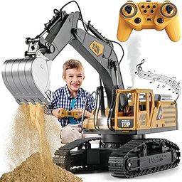 KASQERT Remote Control Excavator Toys For Boys,14 Channel 1:14 Rc Digger Construction Toys Tractor,Simulated Smoke, Sound, Lighting, Metal Digging Head, For Boys 3 4 5 6 7 8 9 10,Grey-image-57