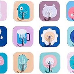 Self Adhesive Wall Hooks Waterproof Adhesive Sticky Cartoon Hooks | Hanging Capacity 10 KG Max | Multipurpose Home Storage (Colorful Hook, Pack of 12 Pcs), Metal;Polyvinyl Chloride-7