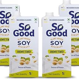 So Good Plant Based Soy Beverage Unsweetened 4 L (4 x 1000 ml) | Lactose Free | No Added Sugar | Gluten Free | No Preservatives | Zero Cholesterol | Dairy Free |NON GMO Soybean-1