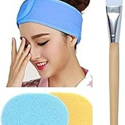 Polycotton Stretchable Elasticized Adjustable Facial Headbands and Face Pack Brush and Face Cleaning Sponges for Women, Set of 3 - Multicolor-35