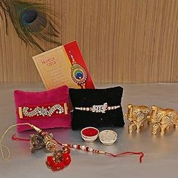 Good Luck 4 Rakhi Set with Gift for Brother Bhai Bhabhi - 4 Rakhi Combo for Brother Gift Combo - Lucky Elephant Trunk Up Showpiece/Peacock Rakhi/Lumba Rakhi/Best Wishes Greeting Card-image-3