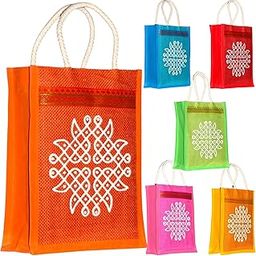 (Anumala Jute World)® Premium Thamboolam Kolam Art Return Gift Bags – Multicolor Eco-Friendly Jute Bags with Zipper for Weddings, Poojas, Birthdays, and Special Occasions (10x4x11) Inches (Pack Of 6)-28