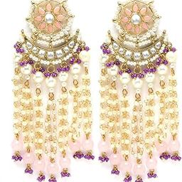 Gold Plated Pink Beads Purple Crystals Kundan Tassel Earrings for Women-image-26
