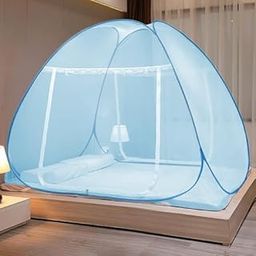 Mosquito Net for Double Bed | King Size Foldable Machardani | Polyester 30GSM Strong Net | PVC Coated Corrosion Resistant Steel Wire - Sky Blue-12