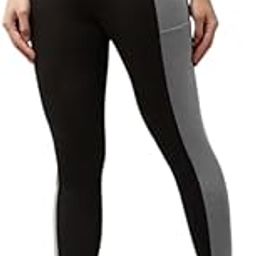 Women's High-Waist Black & Grey Colorblock Leggings with Side Pocket & Mesh Panel | Stretchable Activewear Tights-image-85
