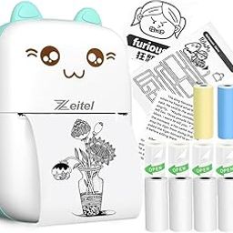Mini Bluetooth Thermal Printer, Portable Label Printer Inkfree Printer for Android & iOS System, Black on White Thermal Printer with 13 Roll of Print Paper, Stickers, Blue-24