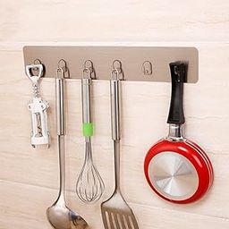 GNASTAS Adhesive Wall Hooks Kitchen Rail, Space Saving Wall Hanger No Drilling Wall Mounted Accessory Hanger with 6 Hooks for Kitchen Bathroom Bedroom, Water Proof Strong Adhesive and Hook Material-26