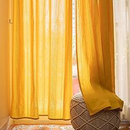 RANGBHAR Handloom Cotton Semi Sheer Curtains For Door, Cotton Semi Sheer Curtains 7 Feet Long Set Of 2 With Eyelets, (Solid Yellow, Door-7 Feet X 4 Feet)-5