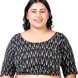 Women's Plus Size Ikkat Print Cotton Stitched Saree Blouse with Elbow Length Sleeves-image-90