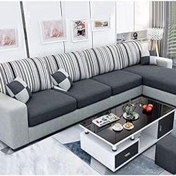 FURNY Lunoy 5 Seater RHS Fabric L Shape Sofa Set with 2 Puffy (Dark Grey & Light Grey Color)-image-70