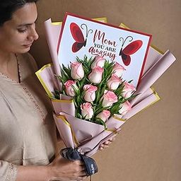 FlowerAura Fresh Live Flower Bouquet of 12 Pink Roses In Premium Paper For Birthday Gift & Mother's Day Gift For Mom | Maa | Mother-In-Law | Grandmother | Mummy | Amma | Aai (Same Day Delivery)-image-91