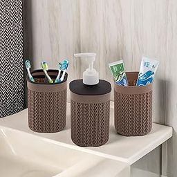 Kuber Industries Plastic Bathroom Accessories Set of 3 | Toothbrush Stand for Bathroom | Handwash Dispenser Bottle for Kitchen | Brush Holder for Wash Basin | Mouth Wash Tumbler Organiser | Brown-image-8