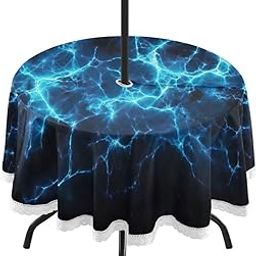 Wajiw 60 Inch Indoor Outdoor Round Tablecloth with Umbrella Hole and Zipper Waterproof Patio Table Cover for Camping Dining Room Party Outdoor Picnic,Blue Lightning-image-69