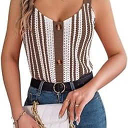 Women's V-Neck Sleeveless Contrast Color Knitted Vest Buttoned Stretchy Summer Casual Top-27