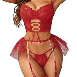 Lingerie Sets Womens Garter Sets 3 Piece Underwire Beautiful Bra and Panty Sets with Mesh Mini Skirts-image-2