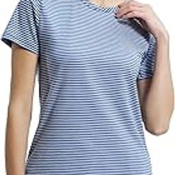 A121 Women's Super Combed Cotton Stripe Fabric Relaxed Fit Round Neck Half Sleeve T-Shirt-image-9