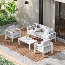 Wisteria Lane Outdoor Patio Furniture Sets, 4 Piece Aluminum Sectional Sofa, White Metal Conversation Set with Grey Cushions-image-49