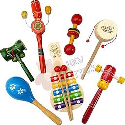 RKV LATTUS Wooden Musical Instruments Set for Kids, 7 Pieces, Educational Toys with Xylophone, Maracas, Drum Sticks-0