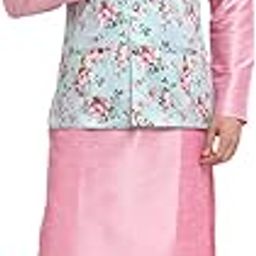 Men Pink Kurta Churidar With Blue Satin Nehru Jacket-image-31