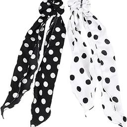 Matkooz Polka Dots Hair Scarf Scrunchies, Elastic Hair Ties, 2 in 1 Ponytail Holder Hair Scarves For Women - Pack Of 2Pc, Black/White-image-50