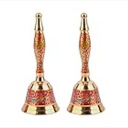 Decorative Brass Bell Set with Ornate Handle, Traditional Design, Gold and Red, Set of 2-image-76