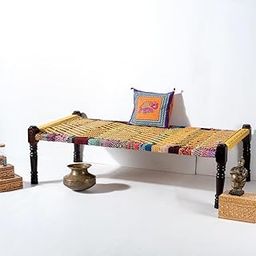 FURNWEAVE Solid Sheesham Wood Handmade Rajasthani Charpai | Cotton and Chindi Rope Khatiya Charpai Single Bed Without Storage| Wooden Cot Bed | Khatiya-Khaat| 6X3 Feet | Color - Yellow and Multicolor-2