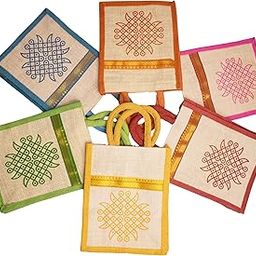 Anbali- Pack of 10 Jute gift bags | Ecofriendly return gift bag | Gifting bags for wedding, Housewarming and babyshower | Thamboolam bags for women (Kolam Printed)-29