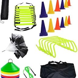 L'AVENIR Multicolour Sports Speed Building Kit - 50 Saucer Cone/Space Marker + Speed Ladder 4 Meter + Training Parachute + 12 Cone Markers + 6 Hurdles (6 Inches) + Jump Rope + Carry Bag-28