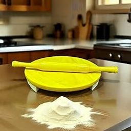 Wooden Rolling Pin and Board Set, Yellow, Kitchen Baking Tool for Roti and Chapati-image-58