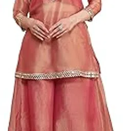 deebaco Solid Shimmer Chiffon Kurti & Sharara Co-ord Set For Women's|3/4 sleeve Round Neck Regular Fit Stylish Summer Fusion Casual Wear Ladies Cord Set-picture-5