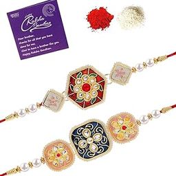 Traditional Kundan & Pearls Designer Meenakari Gold Plated Premium Rakhi for Brother With Roli Chawal & Greeting Card | Rakhi for Brother/Bhaiya/Bhai/Men|Rakhi Combo-Set of 2|CBRAK106942-image-17