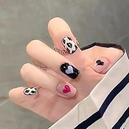 Styfy Press On | Stick On Fake Nails | Square | Artificial Designer With 24 Pcs Jelly Glue on False Nail Including Manicure Kit - Black White Pink Moo Hearts-28