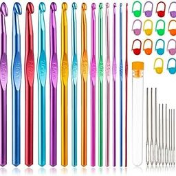 HASTHIP® 37PCS Crochet Hooks Set, Ergonomic Handle Crochet with Stitch Markers and Large-Eye Blunt Needles, Multicolor Aluminum Crochet Hooks Knitting Needles for Arthritic Hands-12