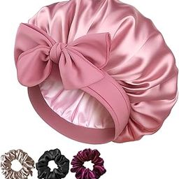 Soft Silk Bonnet with 3 Scrunchies, Adjustable Silky Hair Cap for Sleeping, Satin Bonnet for Curly Hair with Soft Jersey Fabric Tie Band (Multicolor)-image-64