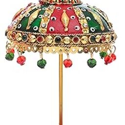 Tej Gifts Metal Umbrella Chhatra with Hanging Crystals for God Idol, Car Dashboard/Office Desk/Table/Home Decor Showpiece, Chatri Aasan for God Murti U-111-27