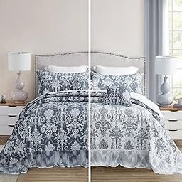 Blythease Oversized King Bedspread Set, 3 Piece, 100% Microfiber, Blue, Extra Wide Super King(128"x120"), Traditional, Damask, Paisley-image-7