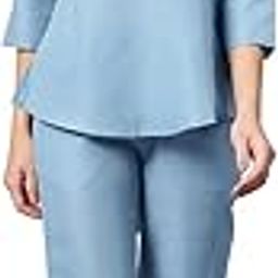 Women Blue Solid Mandarin Neck Cotton Top with Trouser-35