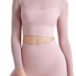 Women Knitted Long Sleeves Sheer Mesh Chest Pad Running Sports Quick-Drying Mock Neck Workout Gym Yoga Crop Top T-Shirt 309-image-48