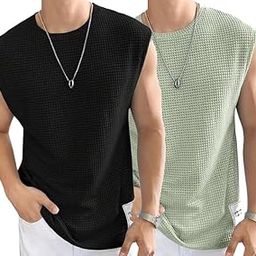 Mens Waffle Tank Tops, Sleeveless Round Neck, Polycotton Vest for Gym and Running, Pack of 2, Black and Blue-image-59