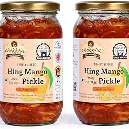 Chokkha Homemeade Hing Mango Pickle (Hing Aam) | Handcut | Traditional Recipe | No Added Preservatives, No Artificial Flavours | No colour Added | 100% Oil-Free | Combo of 2 | 200 Gm Each-image-55