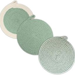Encasa XO Round Trivet Mats for Hot Dishes with Hanging Loop | Sage Combo - Set of 3 with 18 cm Diameter | Cotton Round Thick Heat Resistant Pot Holders | Use Hot Pads Plate Mats for Hot Pots & Pans-18