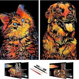 Scratch Rainbow Painting Art Paper,Scratch & Sketch Art for Kids & Adults,Animal Series Creative DIY Gifts&Arts Craft Kits with 4 Tools,16''x11''(Dog&Cat)-2