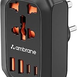Ambrane 5-in-1 MultiPort Adapter with Universal AC Socket, 2 x Type C, 2 x USB, 2500W AC Output, 20W USB & PD Output, Ideal for Tight Spaces/Bedside & Travels, Child Safety Shutter (Charge X20, Black)-3