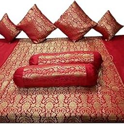 Kashiya Banarasi Brocade with Zari Embroidery Silk Fabric Floral Pattern Diwan Set of Bed Sheet, 2 Bolster Cover and 4 Cushion Cover (Red, Standard)-image-81