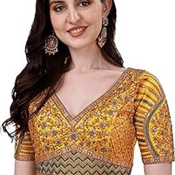 Mills Women's Fancy Readymade Heavy Coding Embroidary Worked Half Sleeve Multicolor Saree Blouse(Mushroom)-image-56